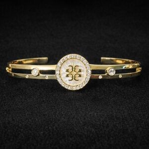 Gold Tone Crystal Halo Medallion Initial T Bangle